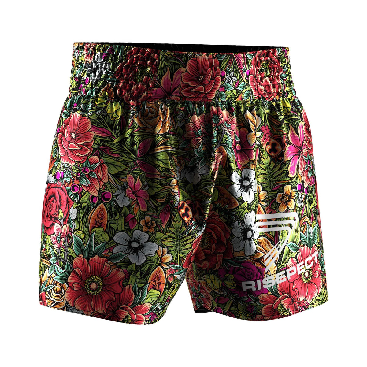 Right Front of Tropical Floral Muay Thai Shorts – Red & Yellow Jungle Bloom