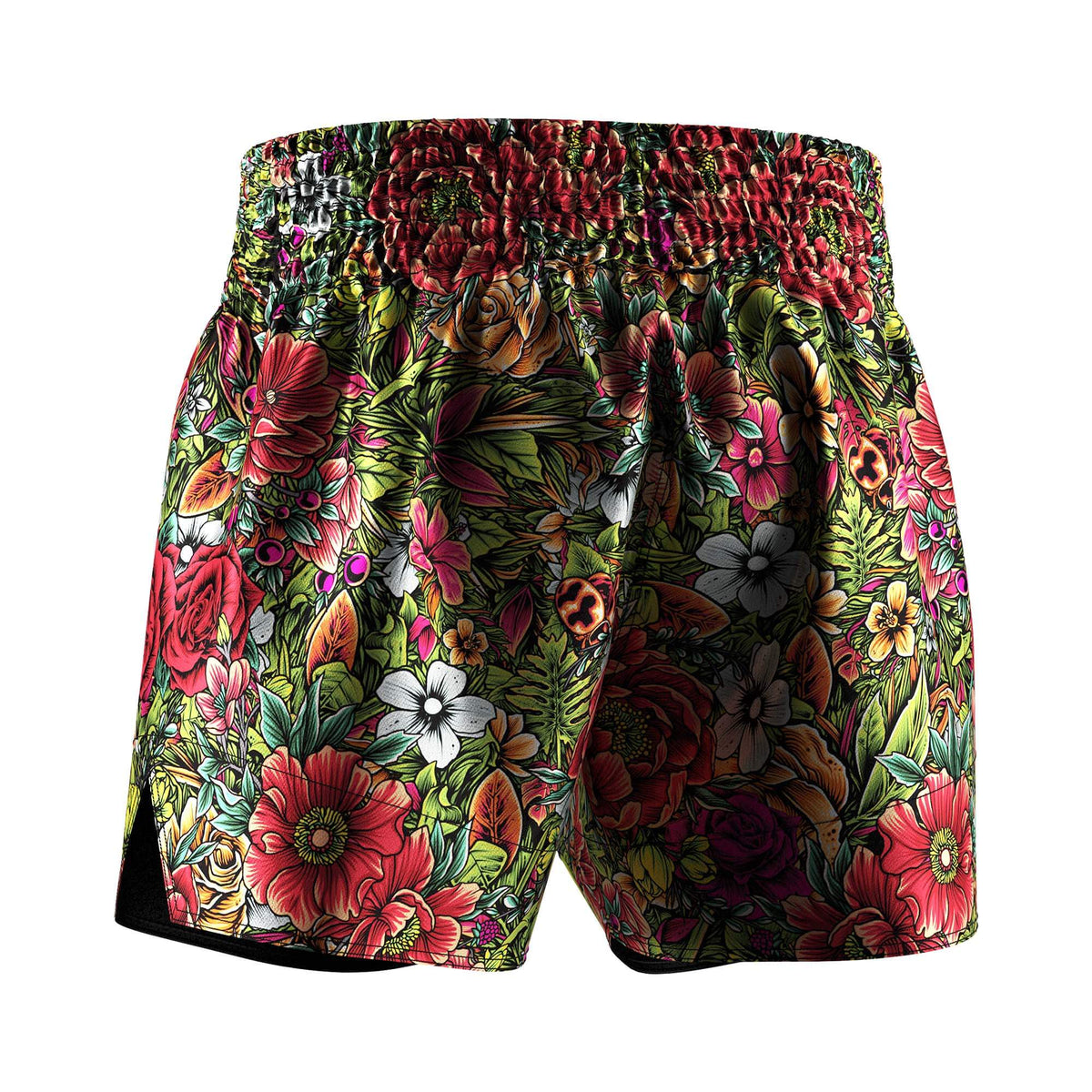 Left Back of Tropical Floral Muay Thai Shorts – Red & Yellow Jungle Bloom