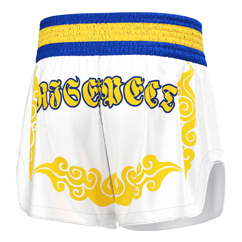 White & Gold Muay Thai Shorts Traditional High-slit Design