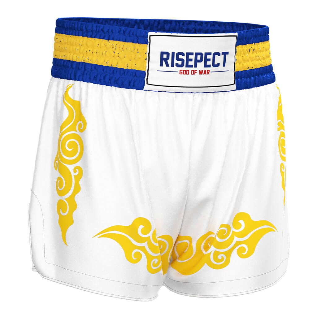 White & Gold Muay Thai Shorts Traditional High-slit Design