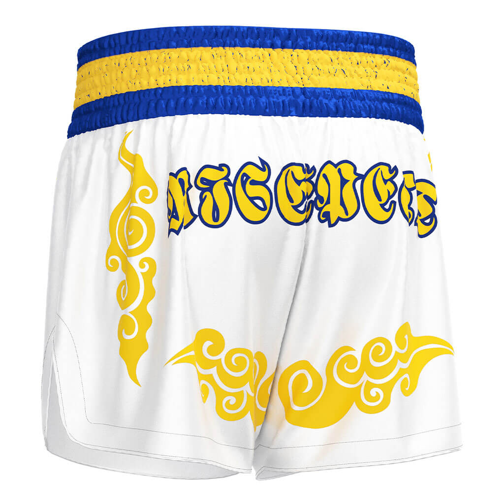 White & Gold Muay Thai Shorts Traditional High-slit Design