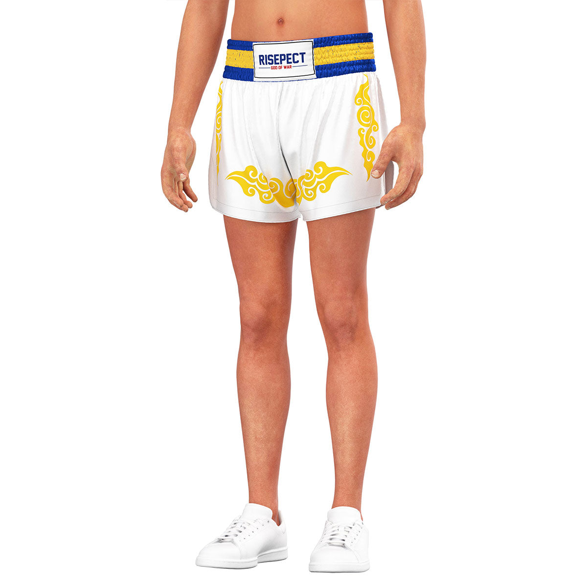 White & Gold Muay Thai Shorts Traditional High-slit Design