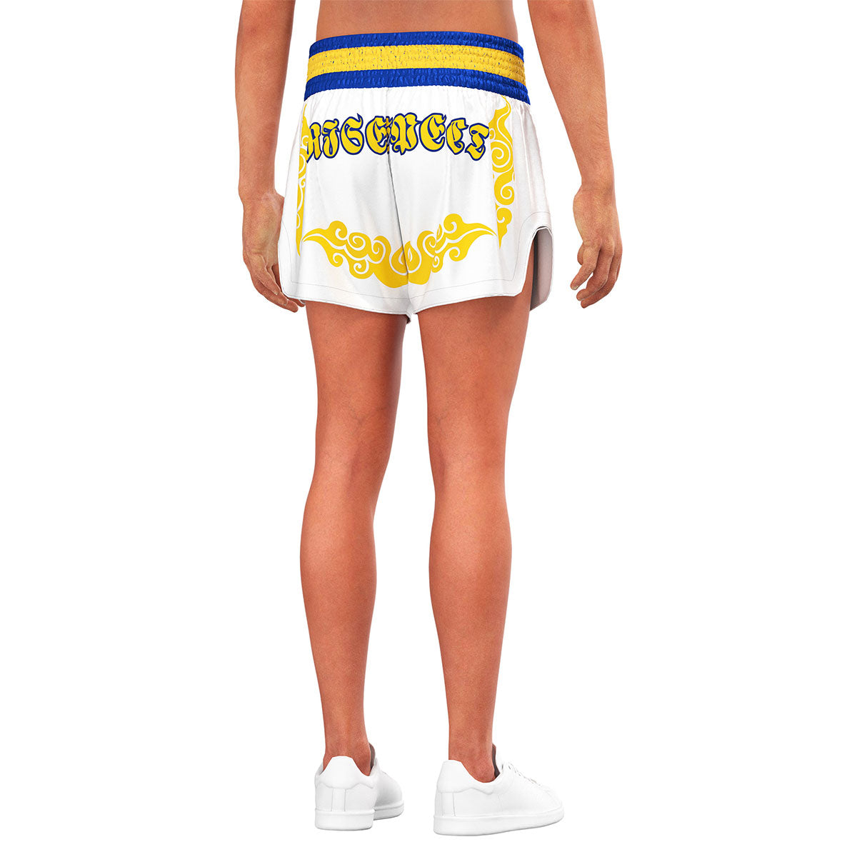 White & Gold Muay Thai Shorts Traditional High-slit Design