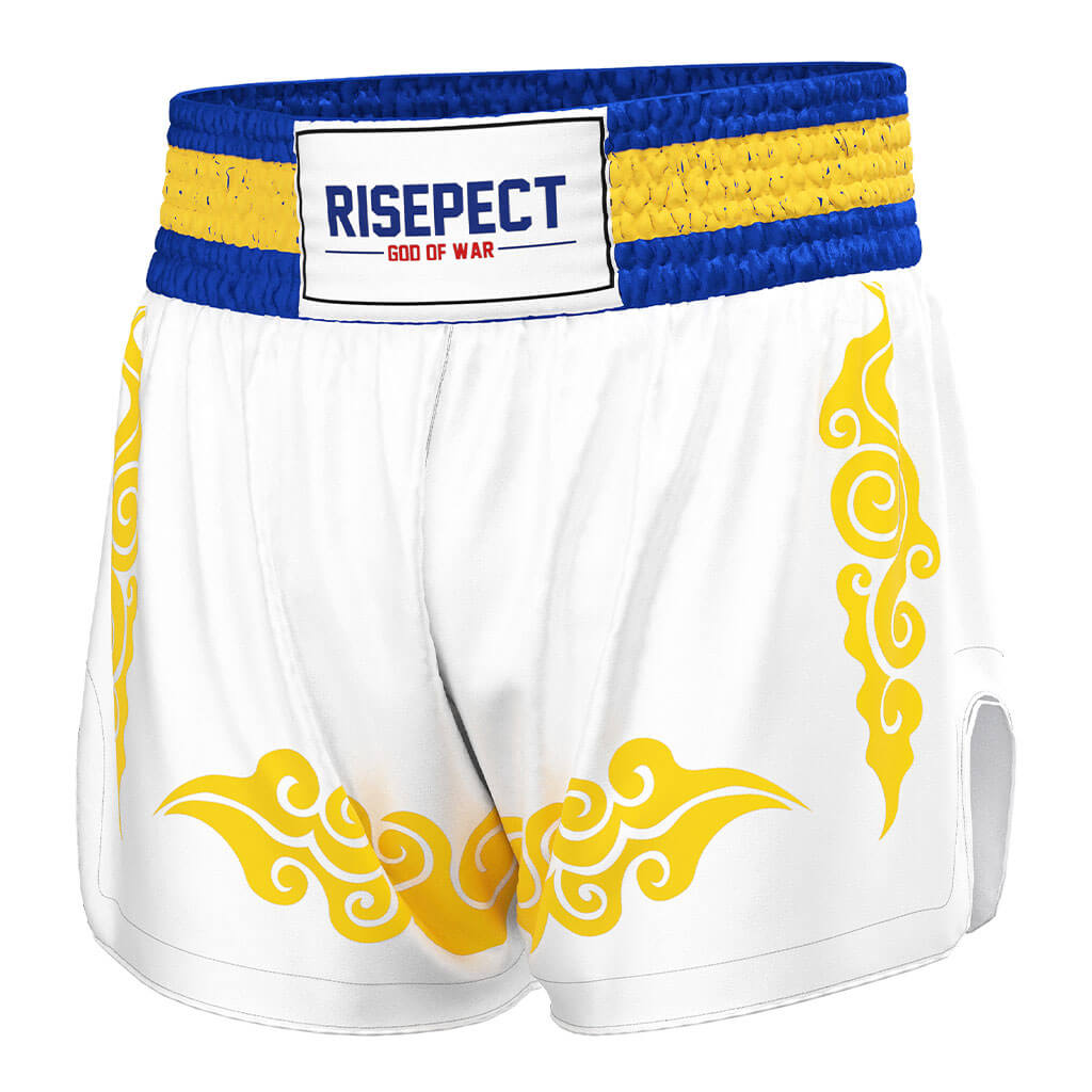 White & Gold Muay Thai Shorts Traditional High-slit Design