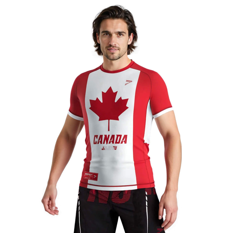 Male model in White Canadian Rash Guard Maple Leaf Short Sleeve front
