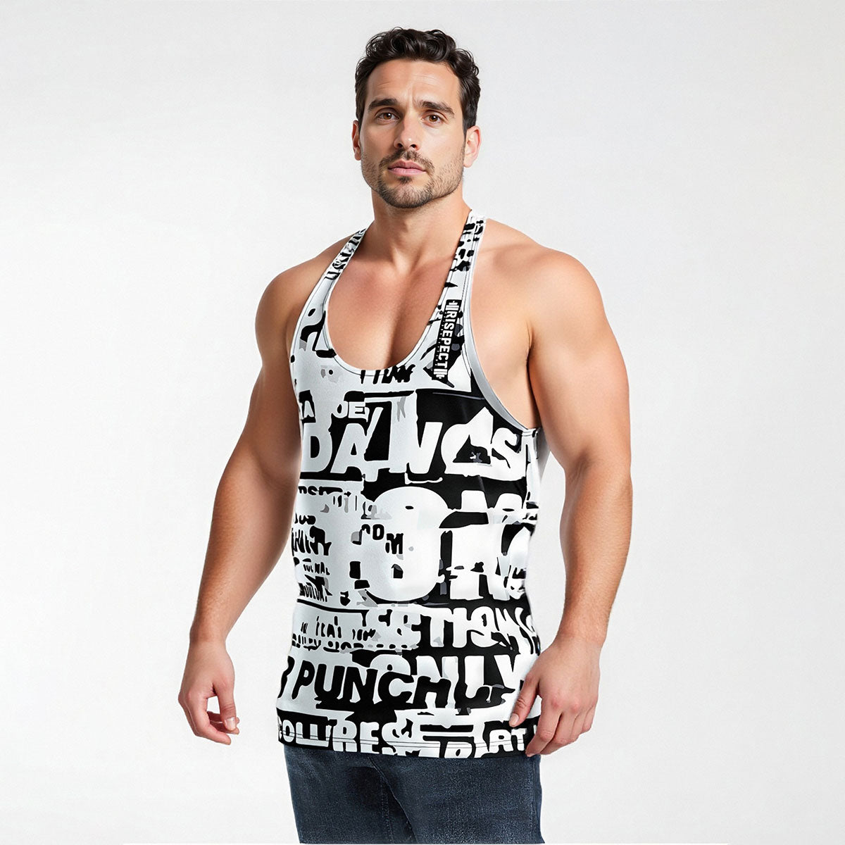 Male Model in White Graffiti Mens Bodybuilding Stringers Tank Vest