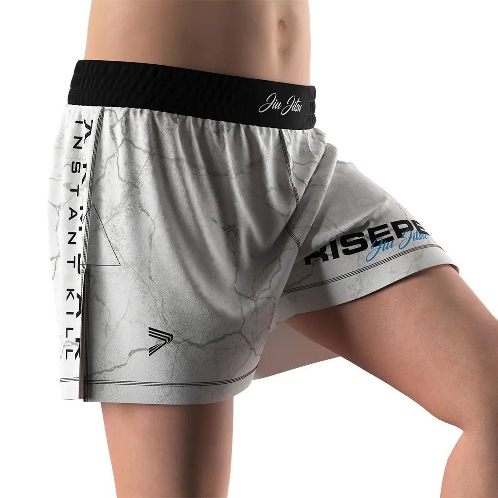 Male Model in White High Slit Stonewave BJJ MMA Hybrid Shorts Right Front View