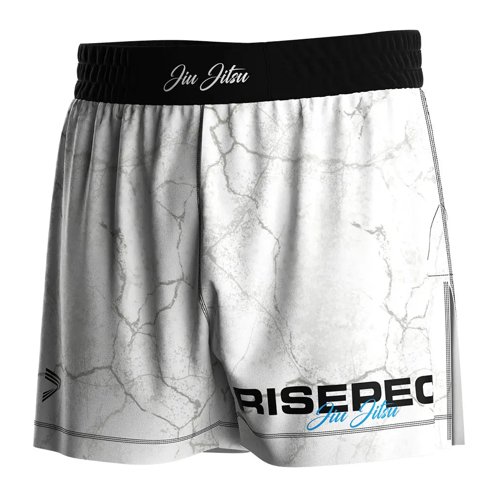 The Left Front View of White High Slit Stonewave BJJ MMA Hybrid Shorts