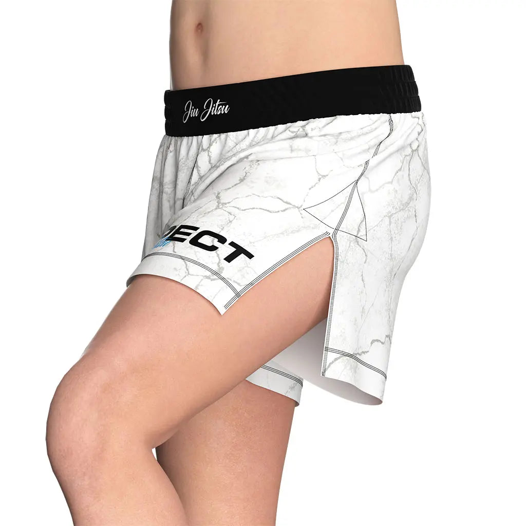 Male Model in White High Slit Stonewave BJJ MMA Hybrid Shorts Left Front View
