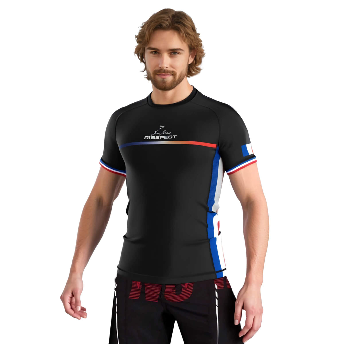 White male model in France Black Short Sleeve Rash Guard - front