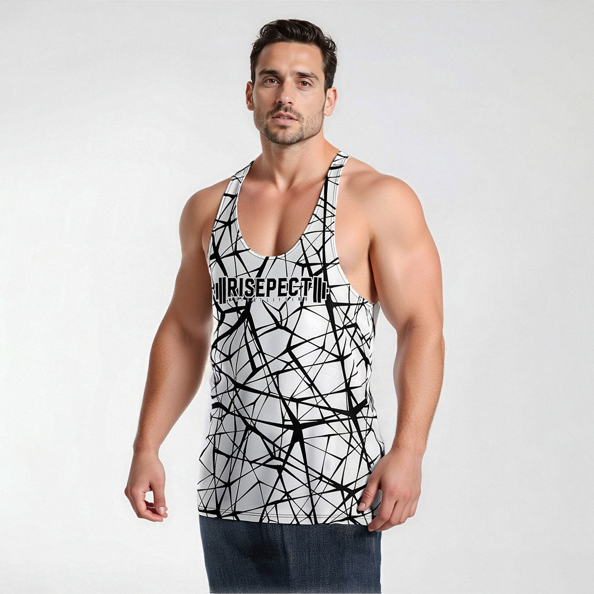 Male Model in white Marble Print Mens Gym Stringers Tank for Bodybuilding