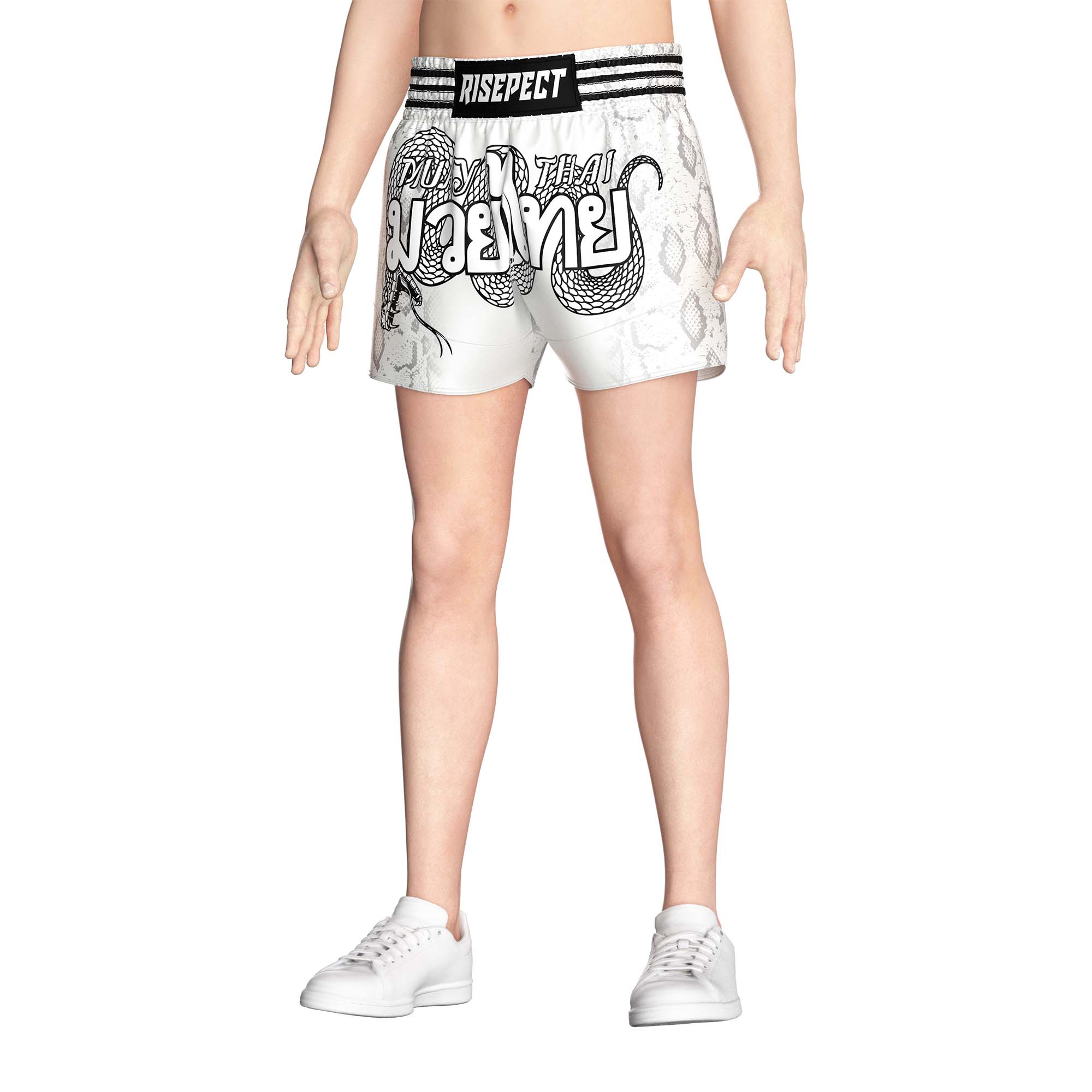 White Snake Skin Muay Thai Shorts – Hidden Texture with Serpent