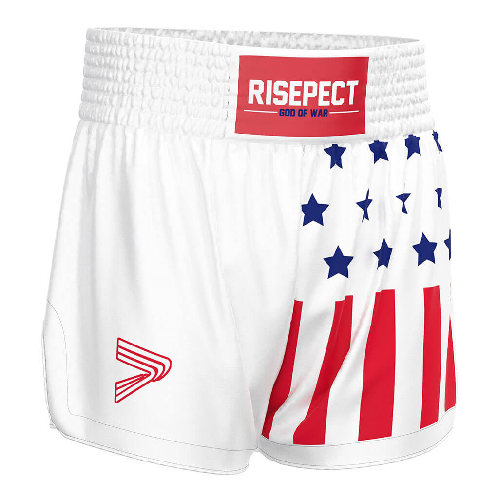 White USA Flag Muay Thai Shorts Patriotic Fight Gear for Men - right front