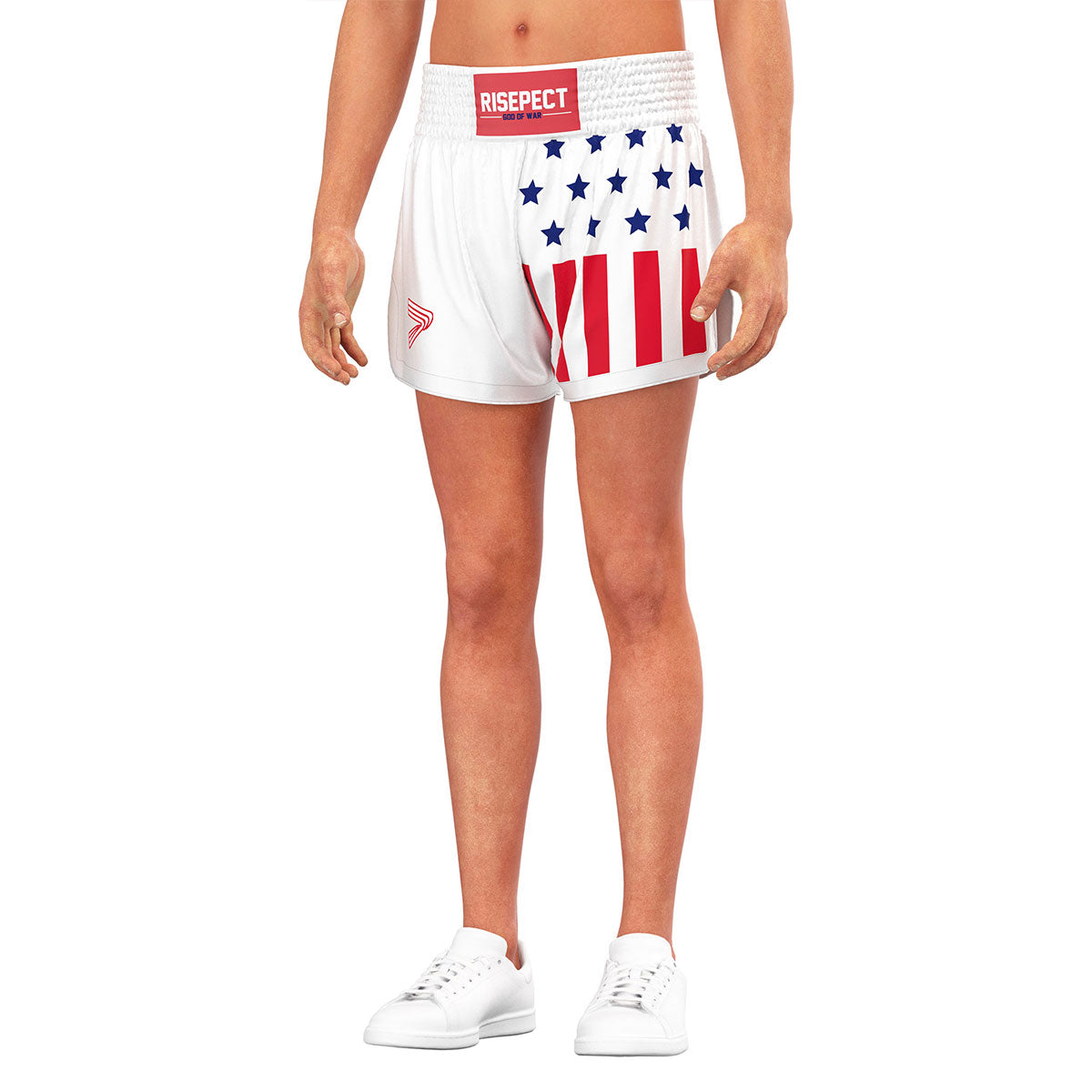 Male Model in White USA Flag Muay Thai Shorts Patriotic Fight Gear for Men - front