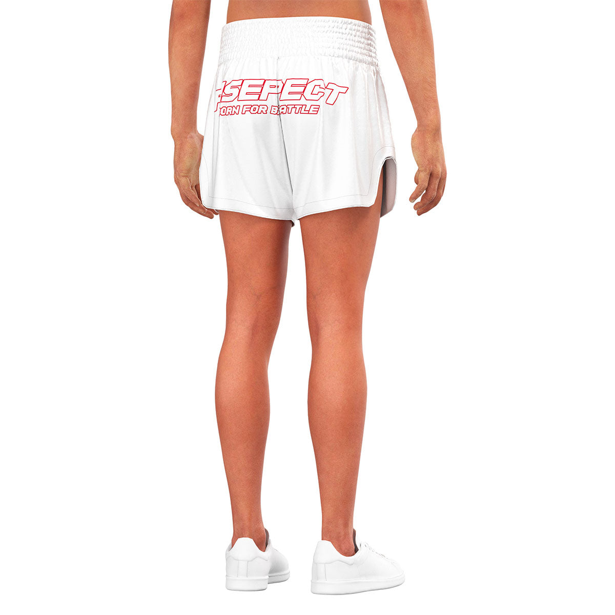 Male Model in White USA Flag Muay Thai Shorts Patriotic Fight Gear for Men - back