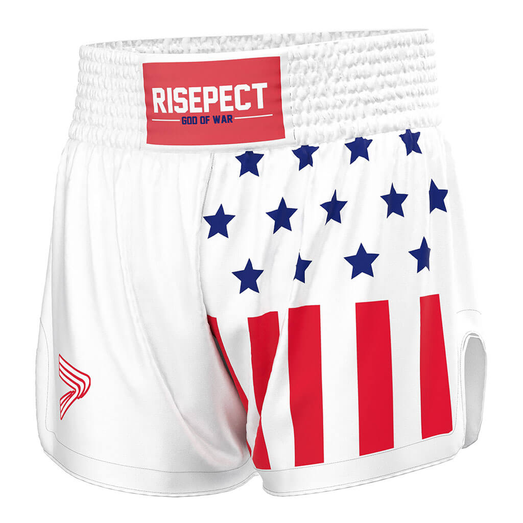 White USA Flag Muay Thai Shorts Patriotic Fight Gear for Men - left front