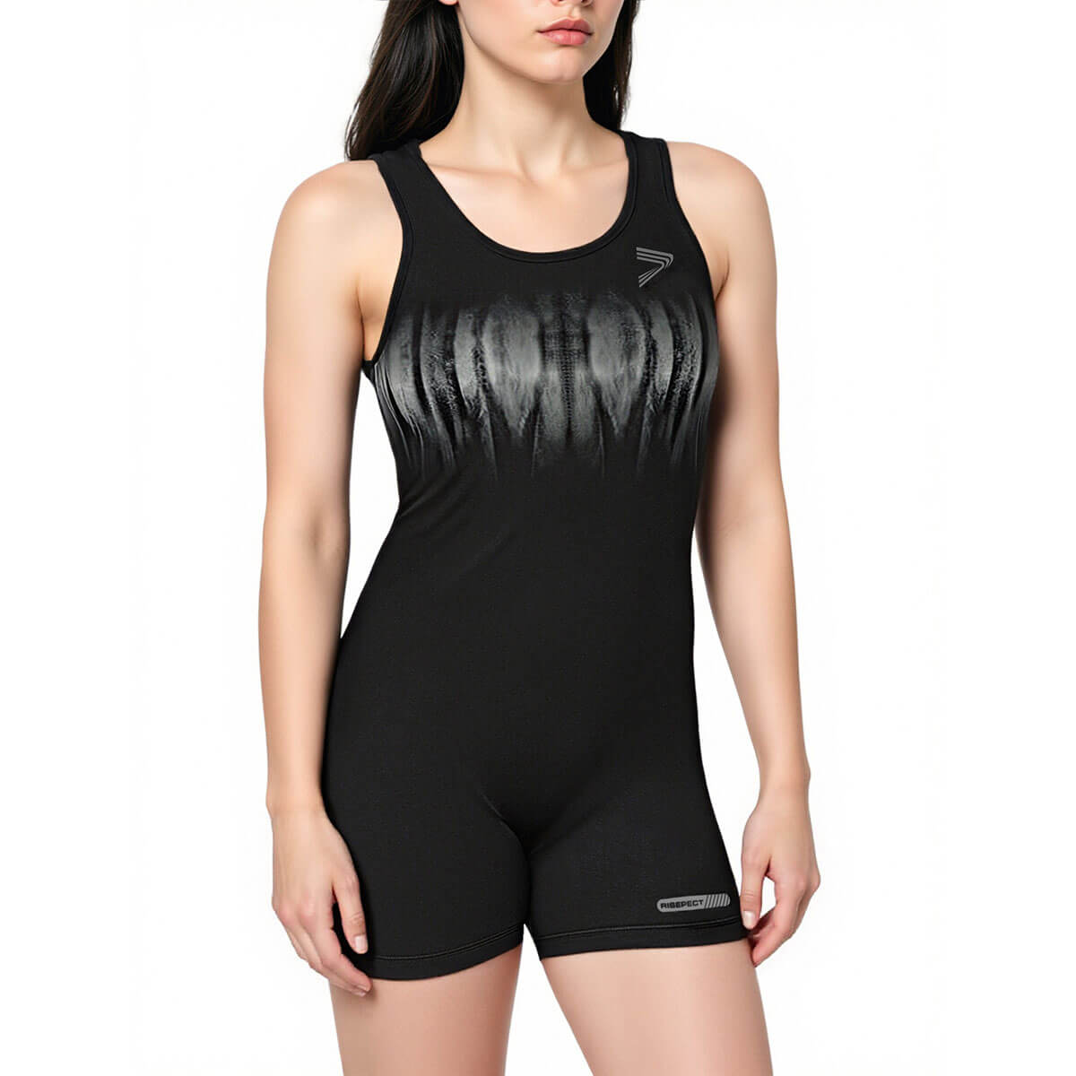 Female Model in Women's Fitness Bodysuit-Black - Front