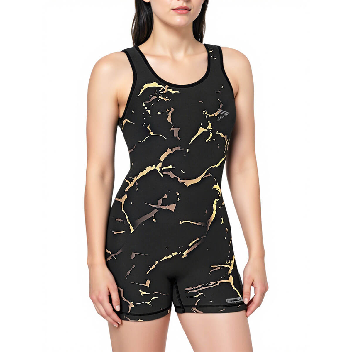 Women's Fitness Bodysuit-Black Gold Stripe