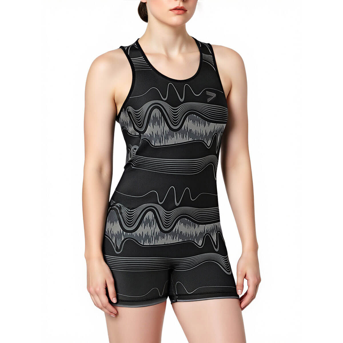 Women's Fitness Gray Curved Stripes Bodysuit - Female Model Upper Body